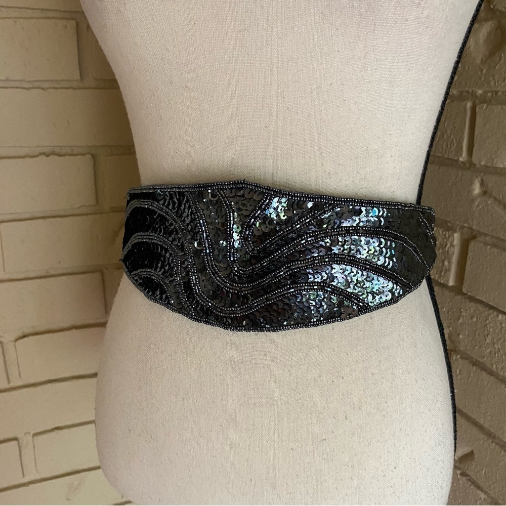 Carolyne Barton Night Women Belt Large VTG Sash Black Silver Beaded Wide Classic